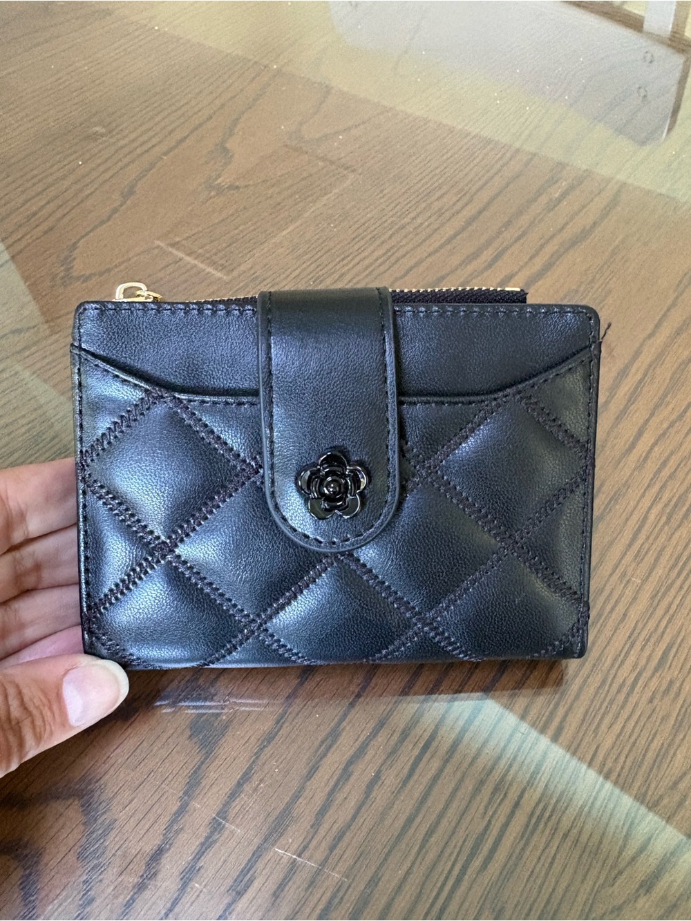 Quilted Black Leather Wallet with Floral Snap